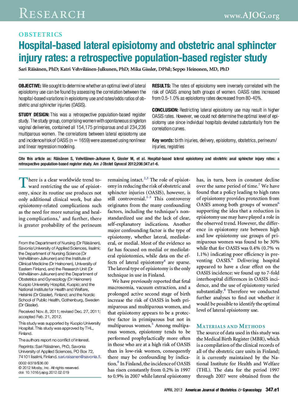 Hospital-based lateral episiotomy and obstetric anal sphincter injury rates: a retrospective population-based register study