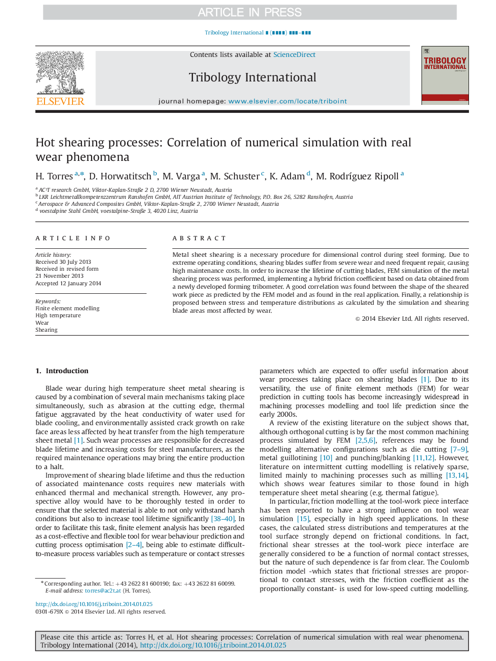 Hot shearing processes: Correlation of numerical simulation with real wear phenomena