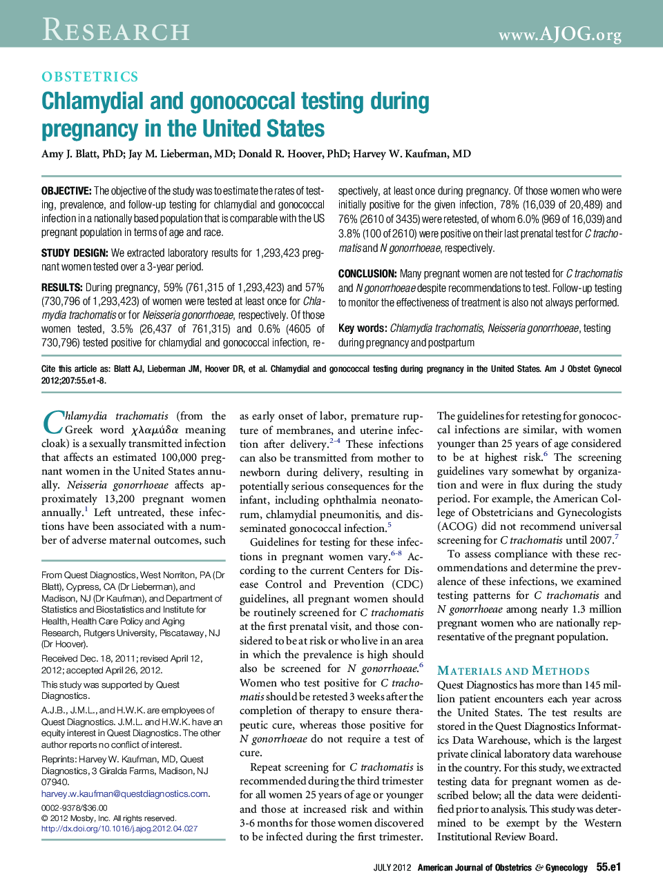 Chlamydial and gonococcal testing during pregnancy in the United States