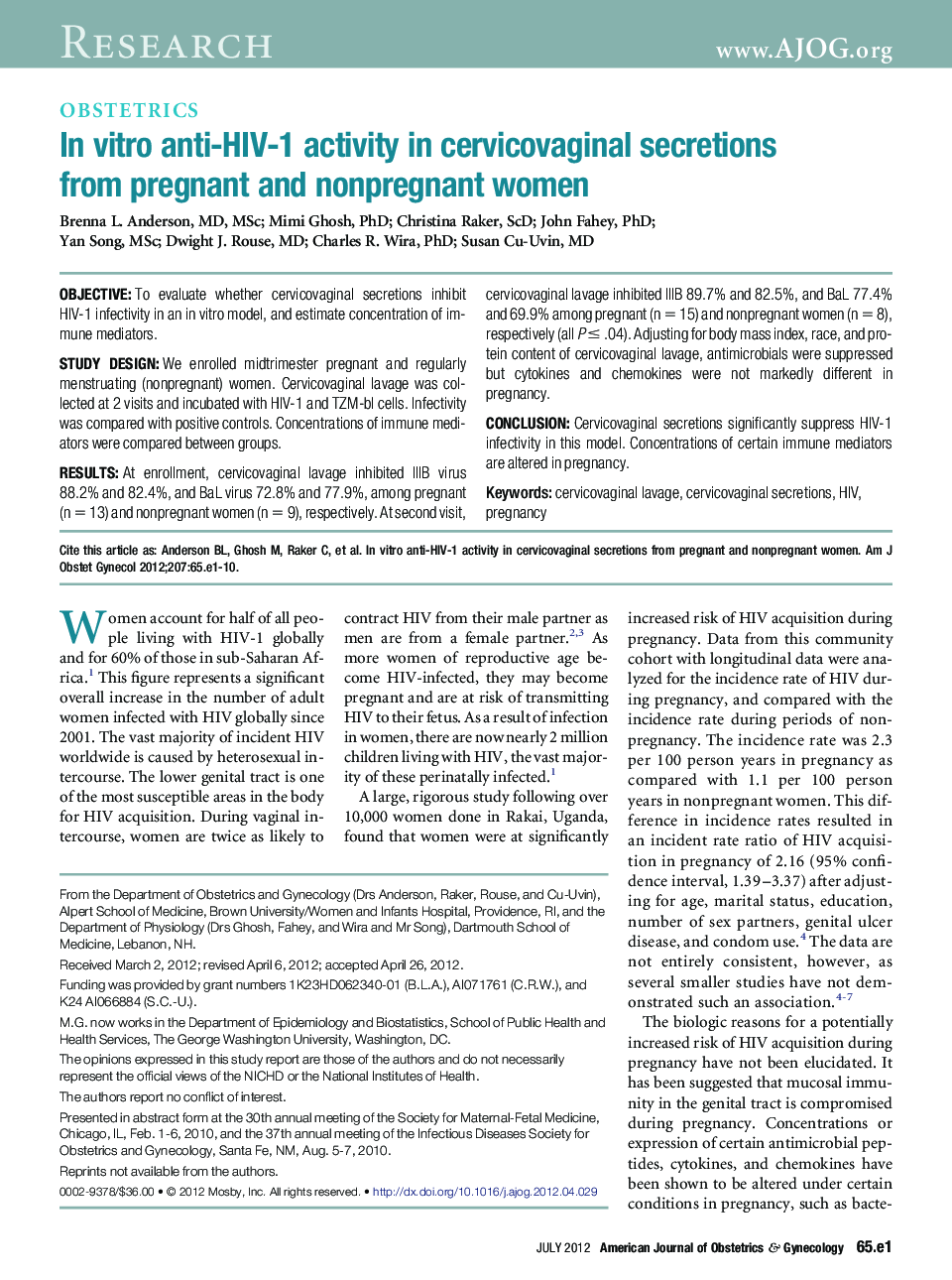 In vitro anti-HIV-1 activity in cervicovaginal secretions from pregnant and nonpregnant women