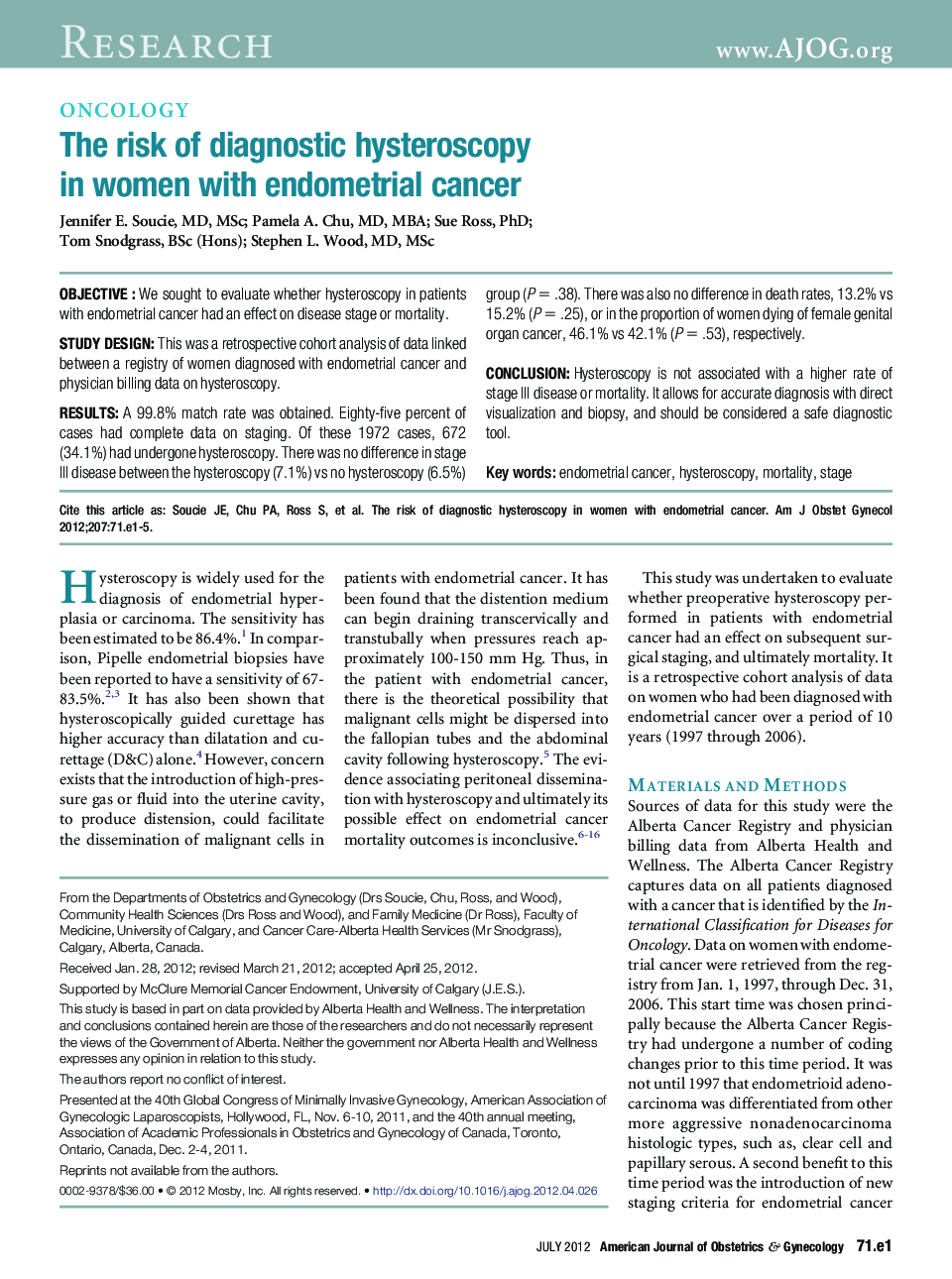 The risk of diagnostic hysteroscopy in women with endometrial cancer