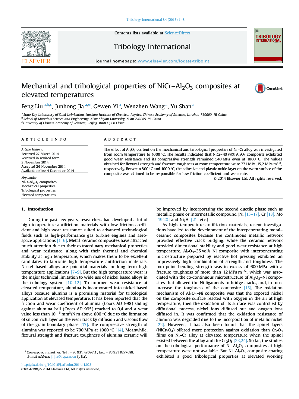 Mechanical and tribological properties of NiCr-Al2O3 composites at elevated temperatures