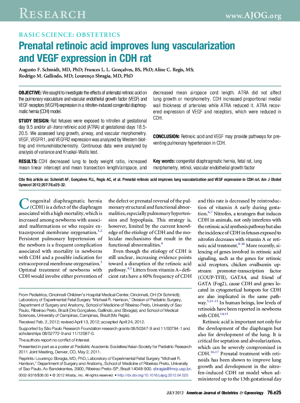 Prenatal retinoic acid improves lung vascularization and VEGF expression in CDH rat