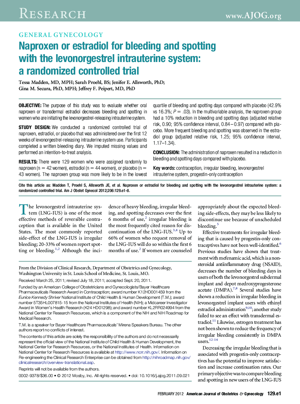 Naproxen or estradiol for bleeding and spotting with the levonorgestrel intrauterine system: a randomized controlled trial