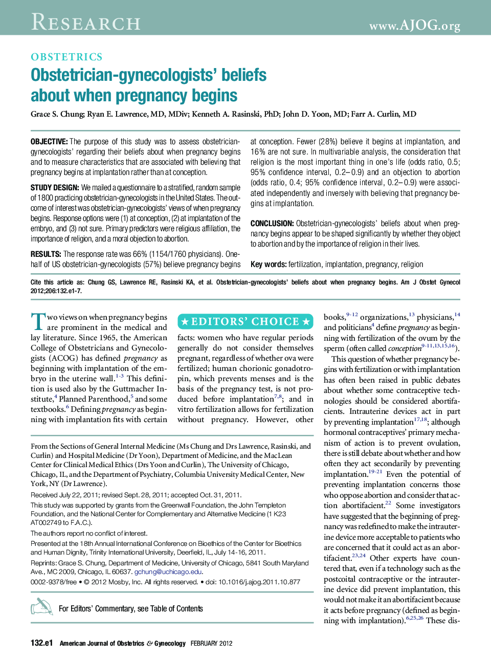 Obstetrician-gynecologists' beliefs about when pregnancy begins