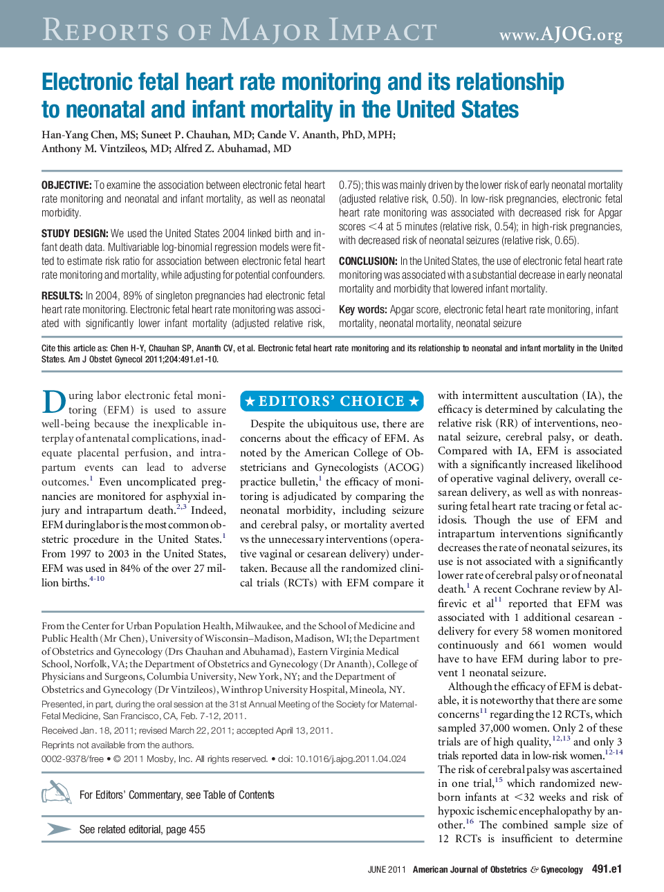 Electronic fetal heart rate monitoring and its relationship to neonatal and infant mortality in the United States