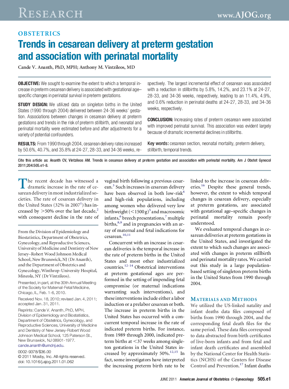 Trends in cesarean delivery at preterm gestation and association with perinatal mortality