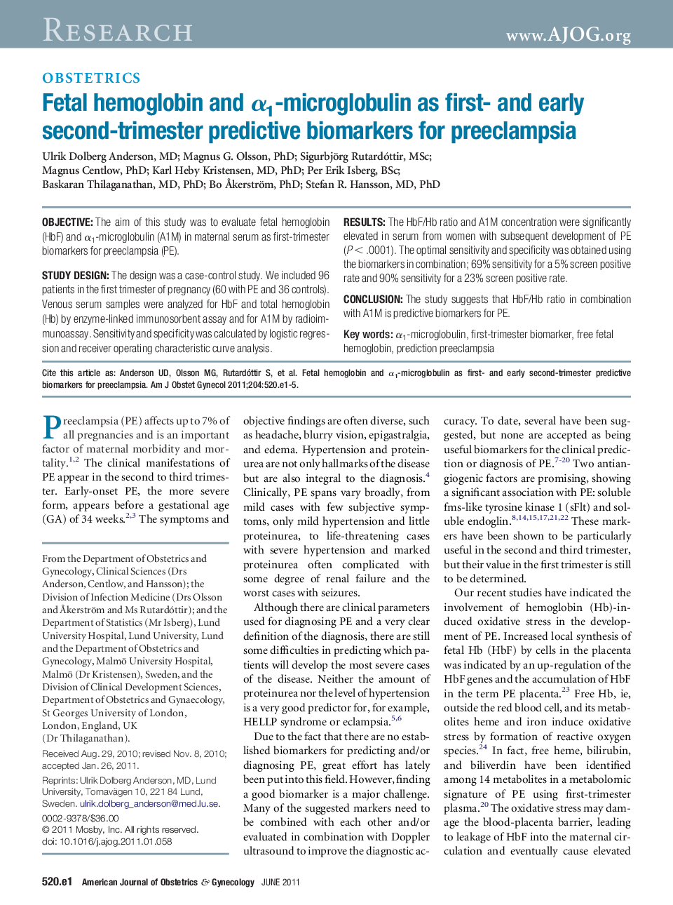 Fetal hemoglobin and Î±1-microglobulin as first- and early second-trimester predictive biomarkers for preeclampsia