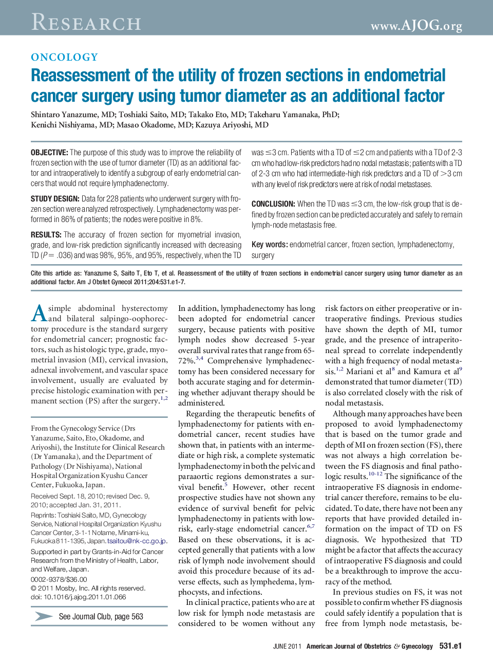 Reassessment of the utility of frozen sections in endometrial cancer surgery using tumor diameter as an additional factor