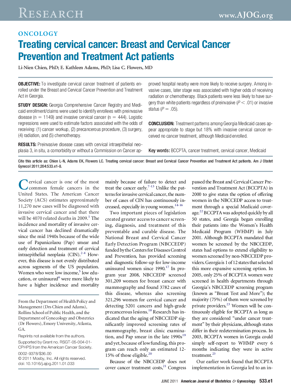 Treating cervical cancer: Breast and Cervical Cancer Prevention and Treatment Act patients