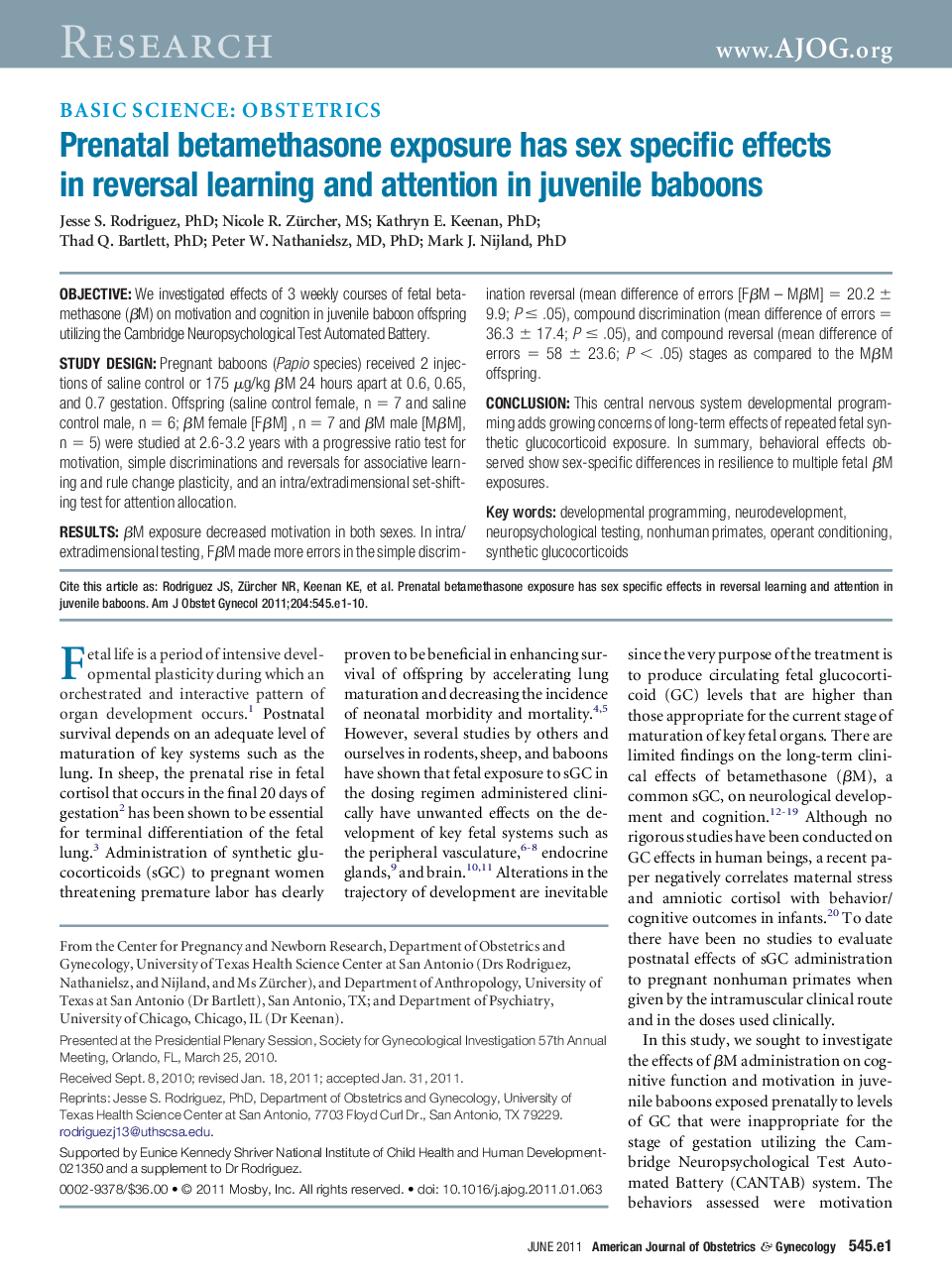 Prenatal betamethasone exposure has sex specific effects in reversal learning and attention in juvenile baboons