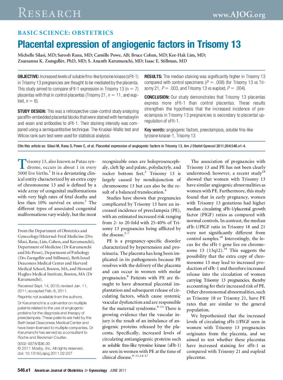 Placental expression of angiogenic factors in Trisomy 13