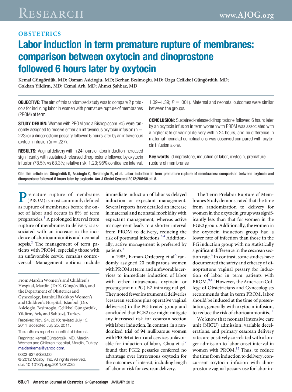 Labor induction in term premature rupture of membranes: comparison between oxytocin and dinoprostone followed 6 hours later by oxytocin