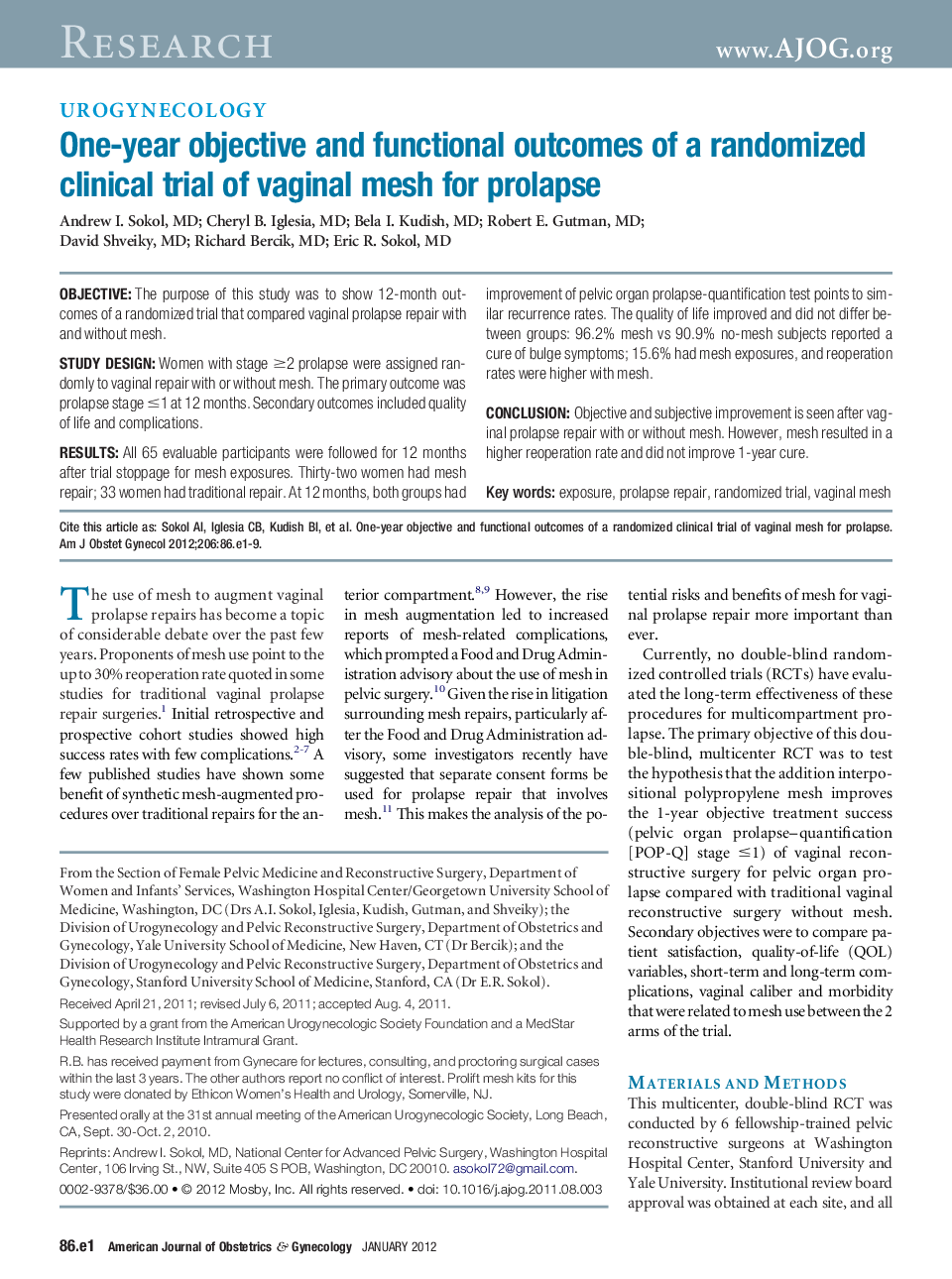 One-year objective and functional outcomes of a randomized clinical trial of vaginal mesh for prolapse