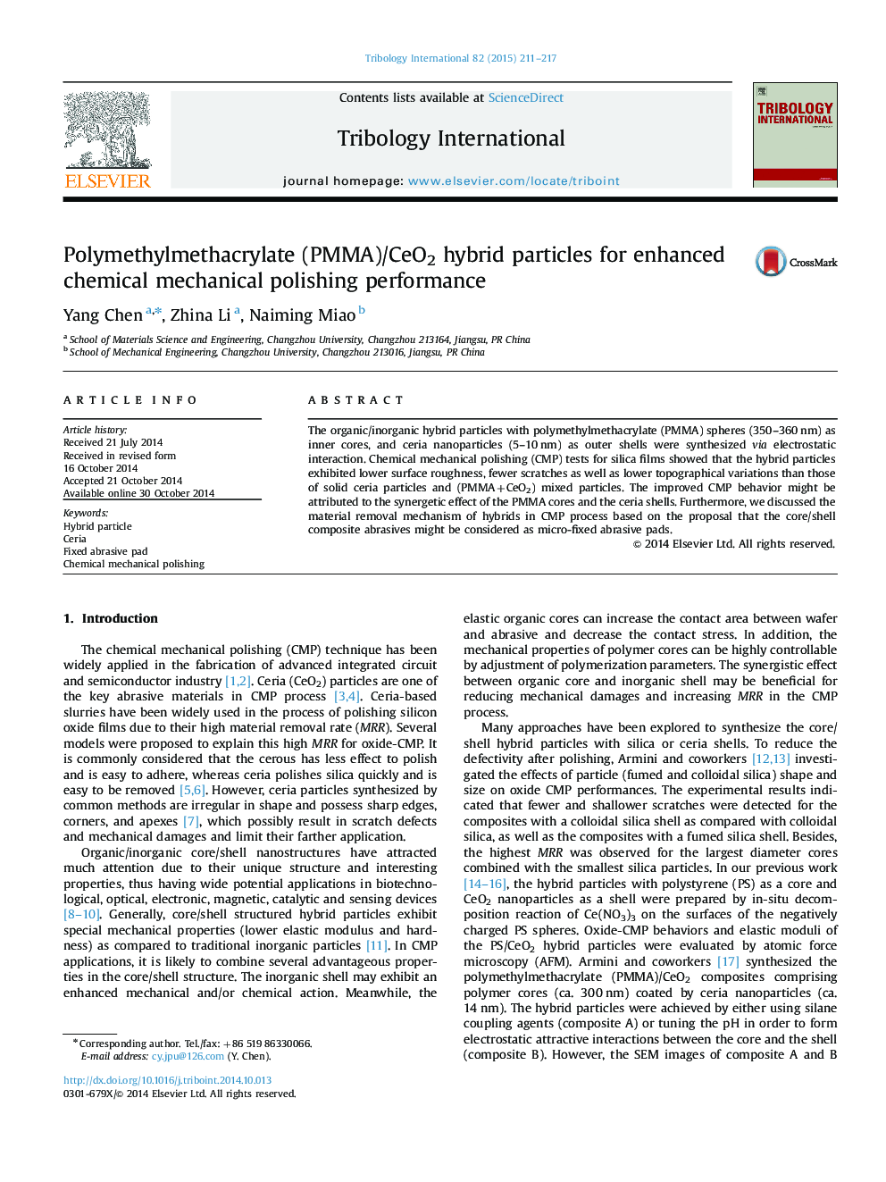 Polymethylmethacrylate (PMMA)/CeO2 hybrid particles for enhanced chemical mechanical polishing performance