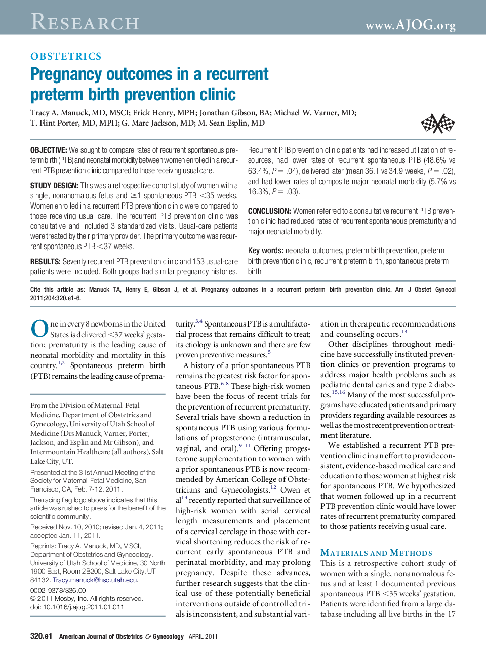 Pregnancy outcomes in a recurrent preterm birth prevention clinic