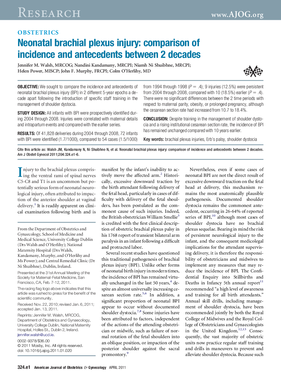 Neonatal brachial plexus injury: comparison of incidence and antecedents between 2 decades