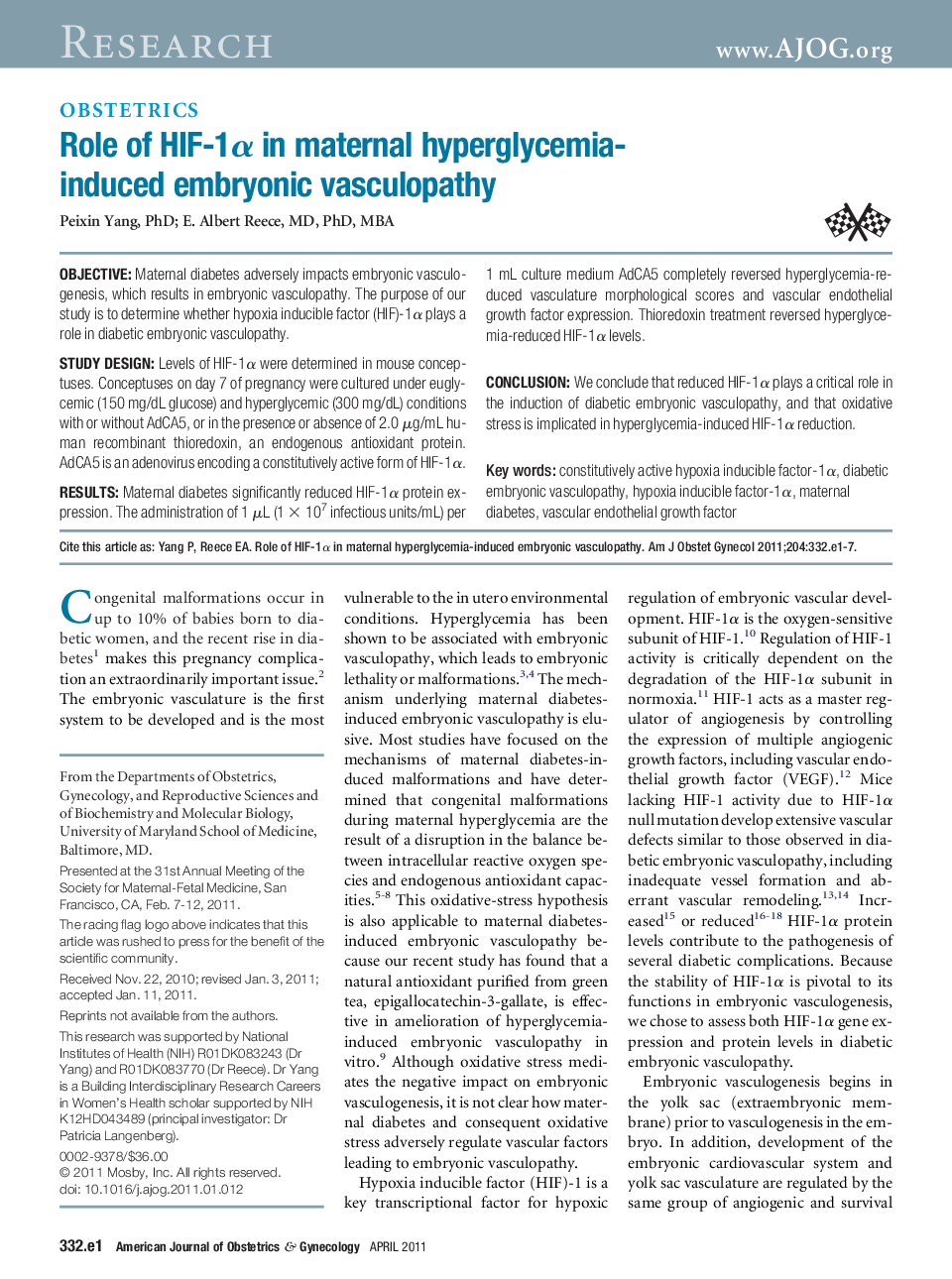 Role of HIF-1Î± in maternal hyperglycemia-induced embryonic vasculopathy