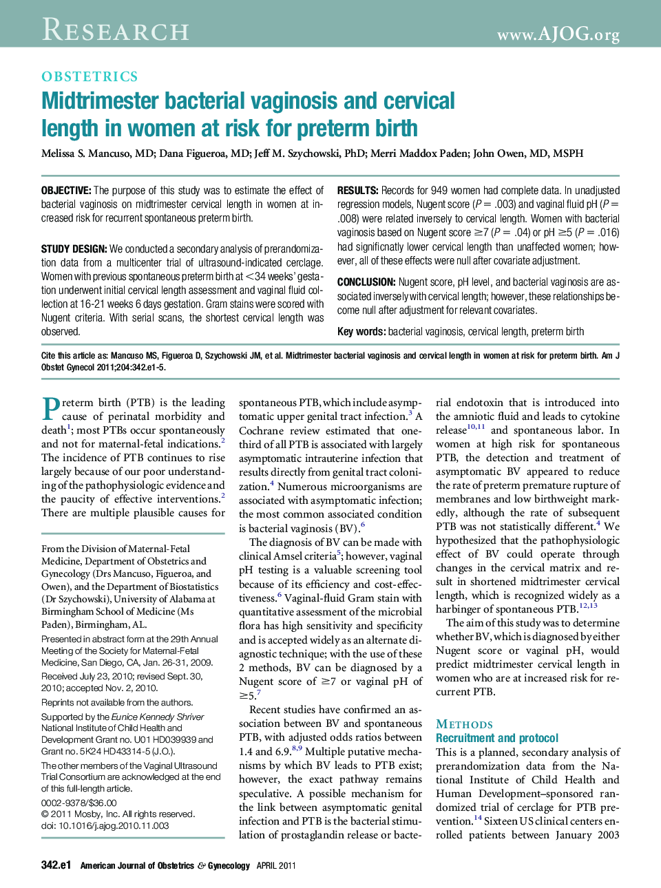 Midtrimester bacterial vaginosis and cervical length in women at risk for preterm birth