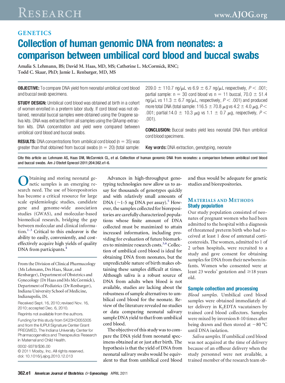 Collection of human genomic DNA from neonates: a comparison between umbilical cord blood and buccal swabs