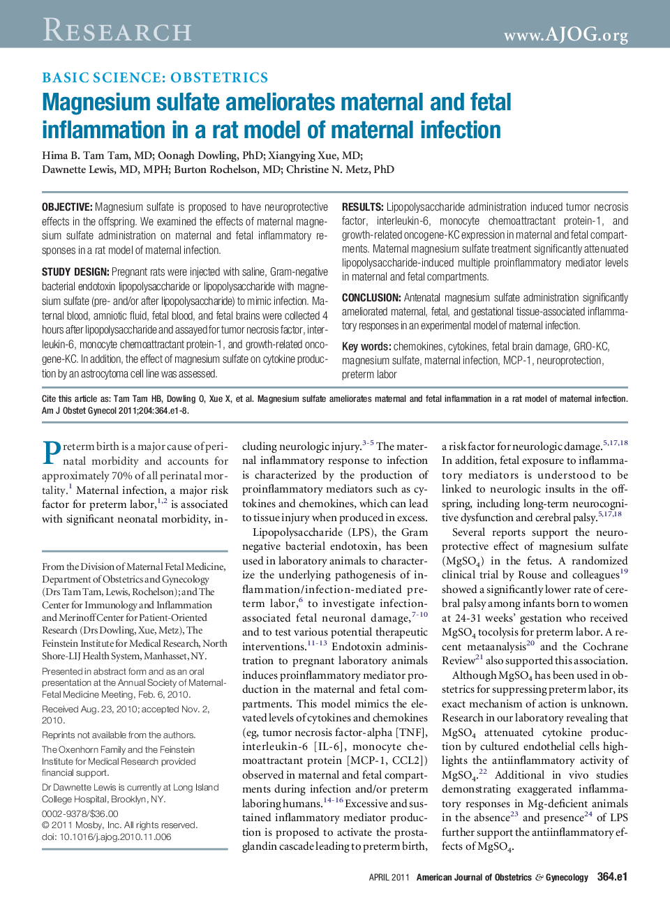 Magnesium sulfate ameliorates maternal and fetal inflammation in a rat model of maternal infection