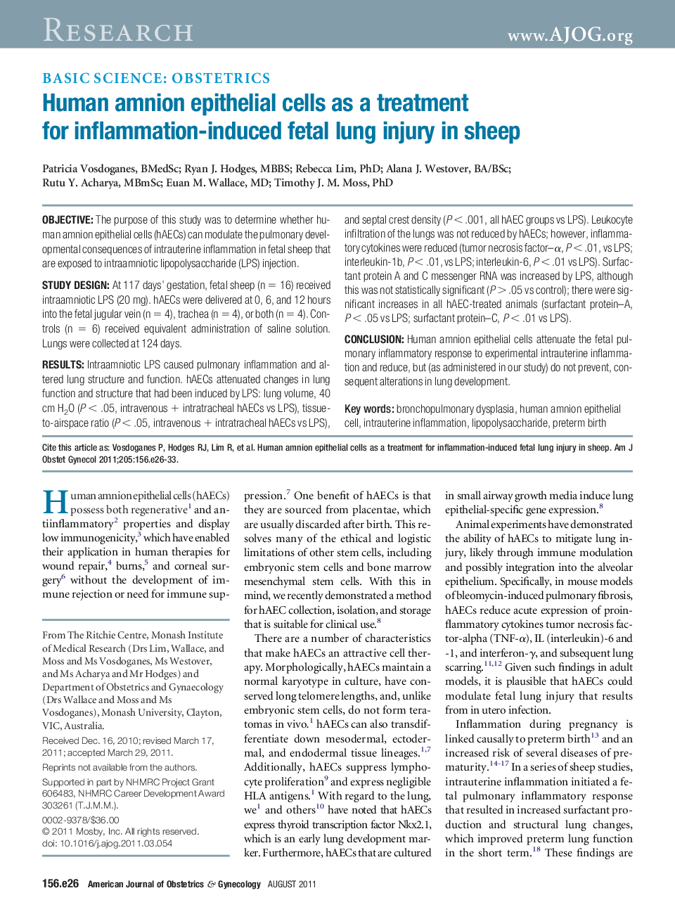 عکس صفحه اول مقاله: Human amnion epithelial cells as a treatment for inflammation-induced fetal lung injury in sheep Human amnion epithelial cells as a treatment for inflammation-induced fetal lung injury in sheep