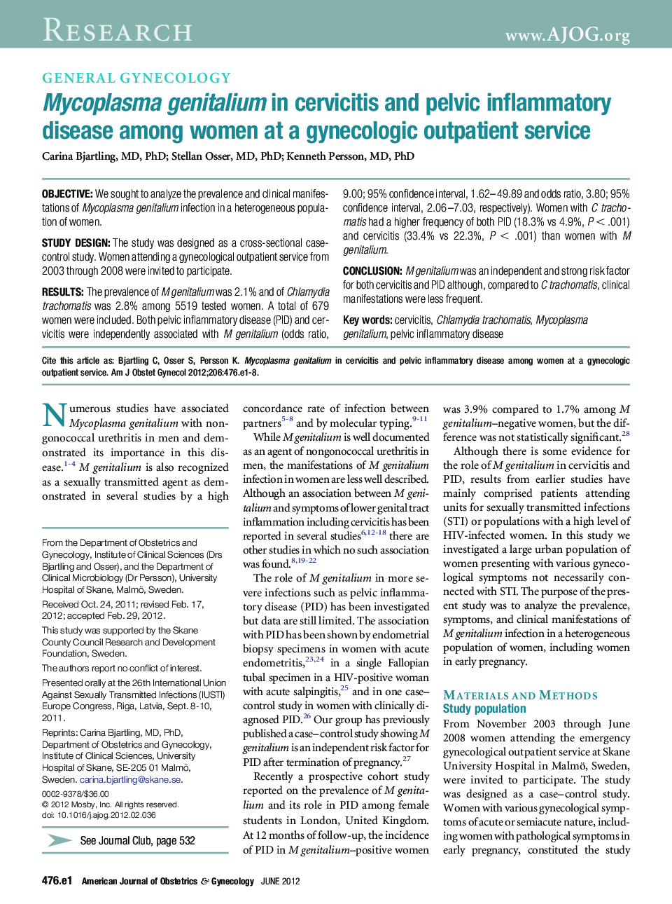 Mycoplasma genitalium in cervicitis and pelvic inflammatory disease among women at a gynecologic outpatient service