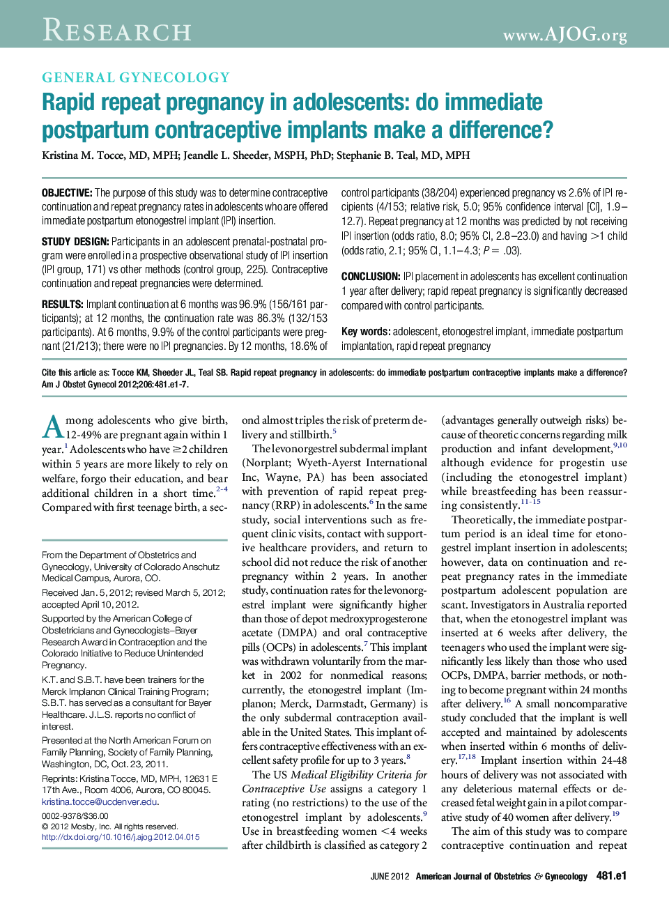 Rapid repeat pregnancy in adolescents: do immediate postpartum contraceptive implants make a difference?