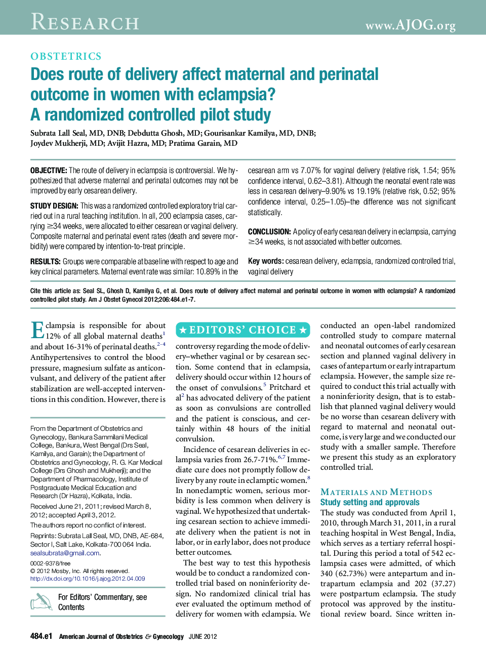 Does route of delivery affect maternal and perinatal outcome in women with eclampsia? A randomized controlled pilot study