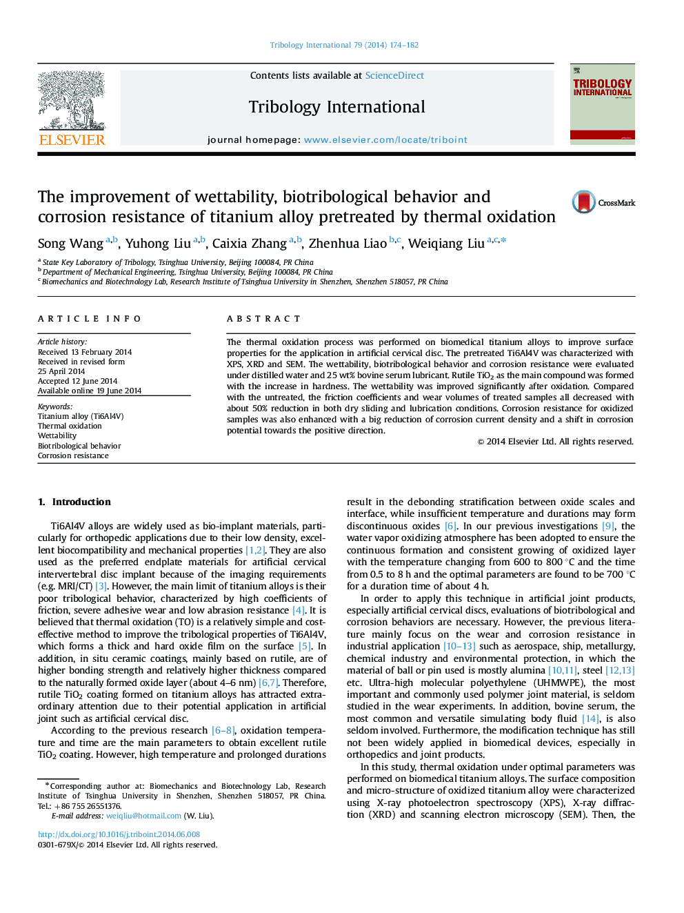 The improvement of wettability, biotribological behavior and corrosion resistance of titanium alloy pretreated by thermal oxidation