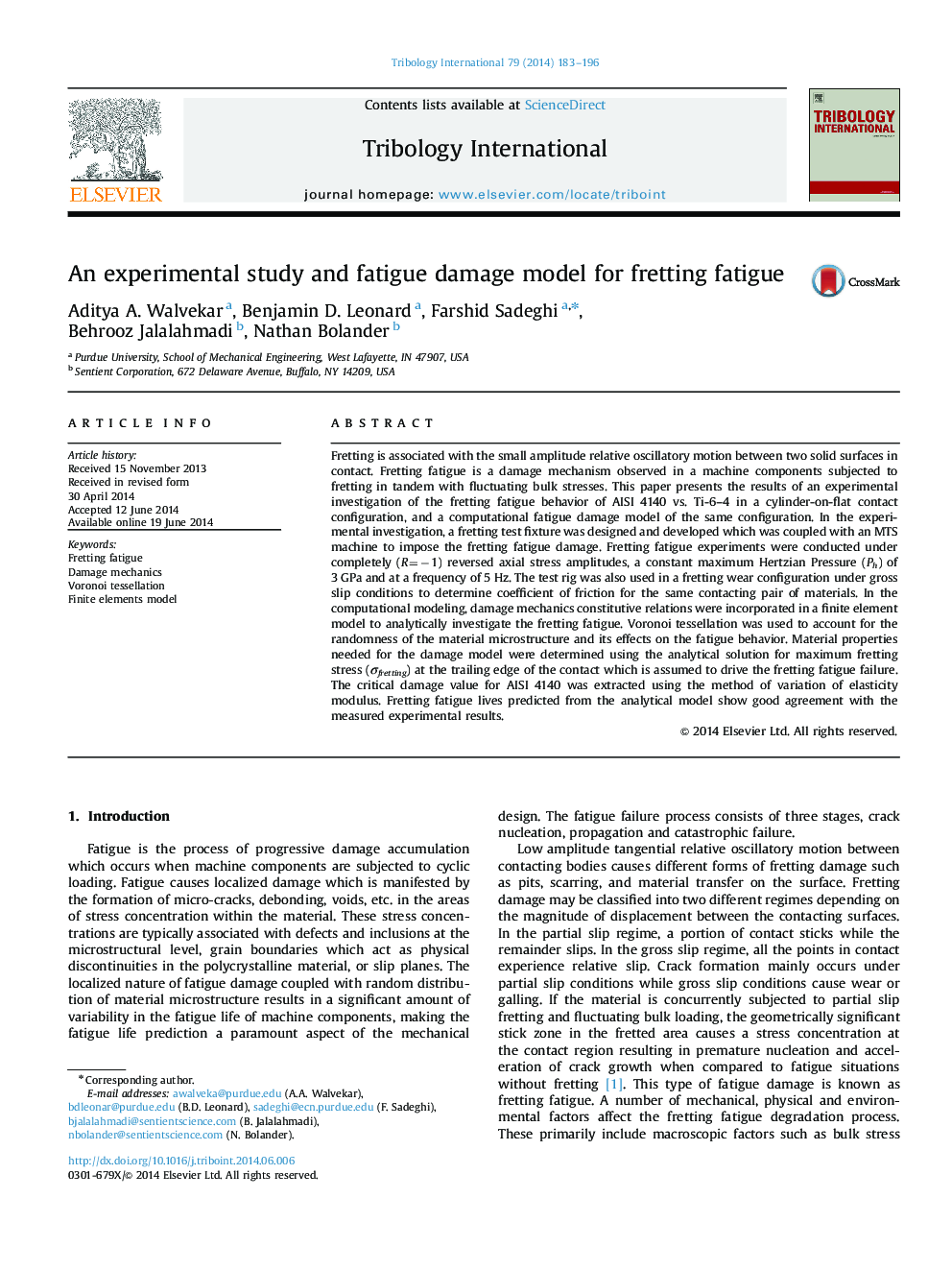 An experimental study and fatigue damage model for fretting fatigue