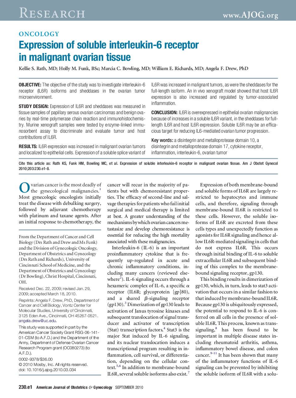 Expression of soluble interleukin-6 receptor in malignant ovarian tissue