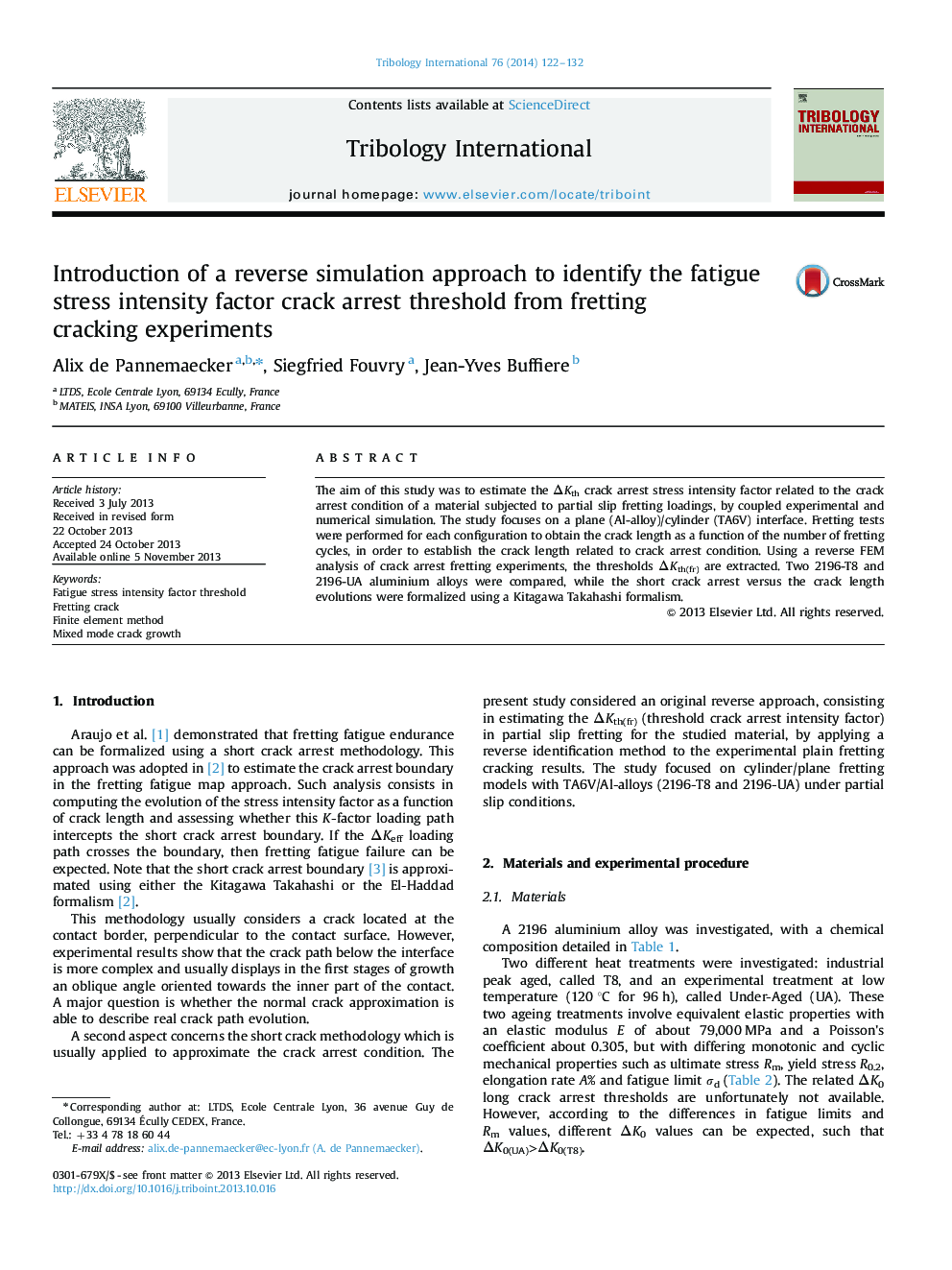 Introduction of a reverse simulation approach to identify the fatigue stress intensity factor crack arrest threshold from fretting cracking experiments