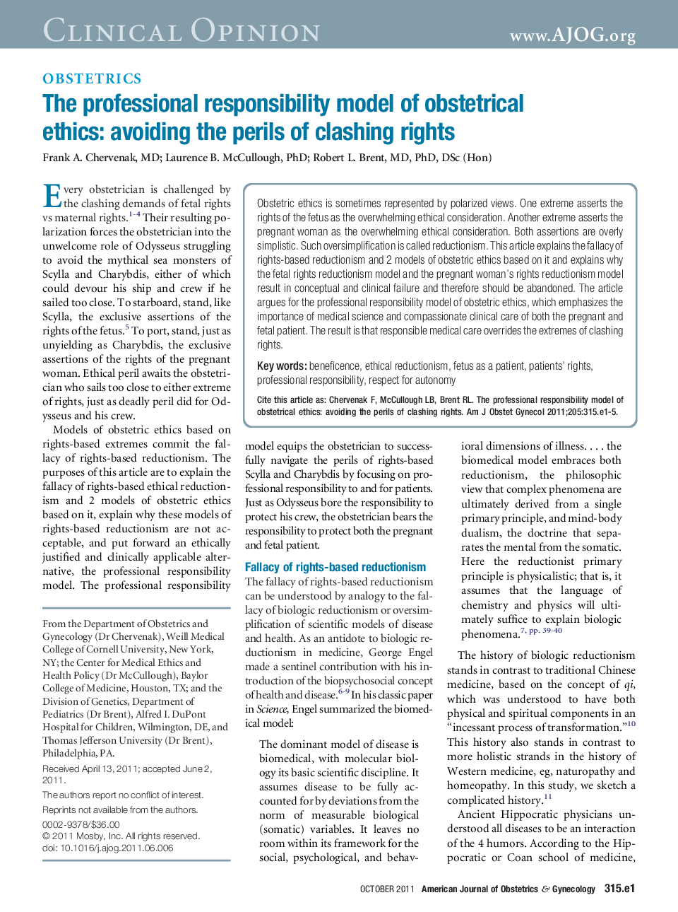 The professional responsibility model of obstetrical ethics: avoiding the perils of clashing rights