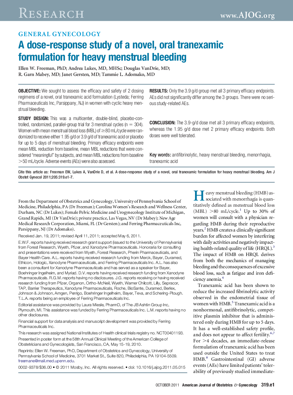 A dose-response study of a novel, oral tranexamic formulation for heavy menstrual bleeding