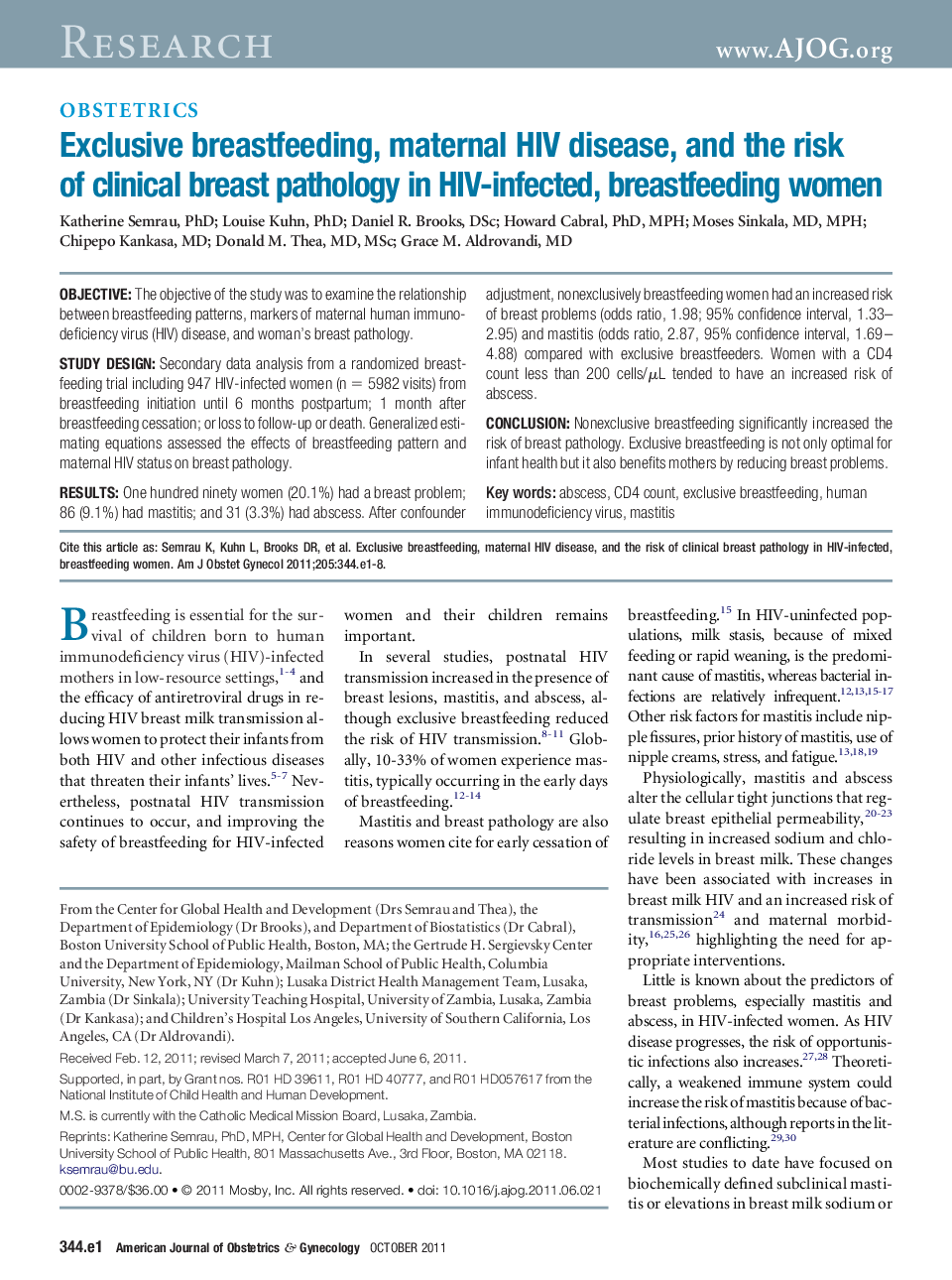 Exclusive breastfeeding, maternal HIV disease, and the risk of clinical breast pathology in HIV-infected, breastfeeding women