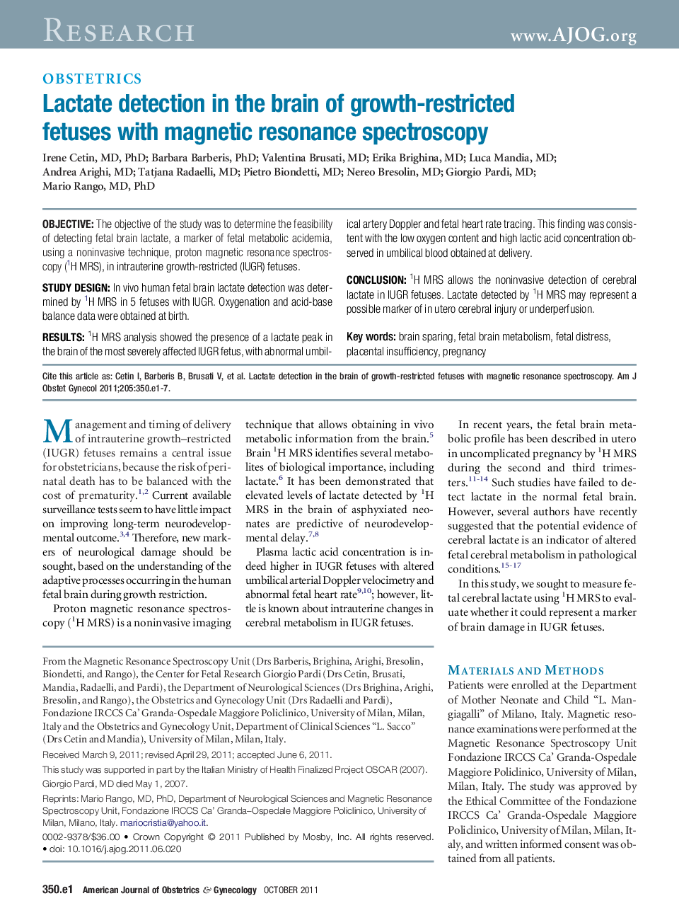 Lactate detection in the brain of growth-restricted fetuses with magnetic resonance spectroscopy