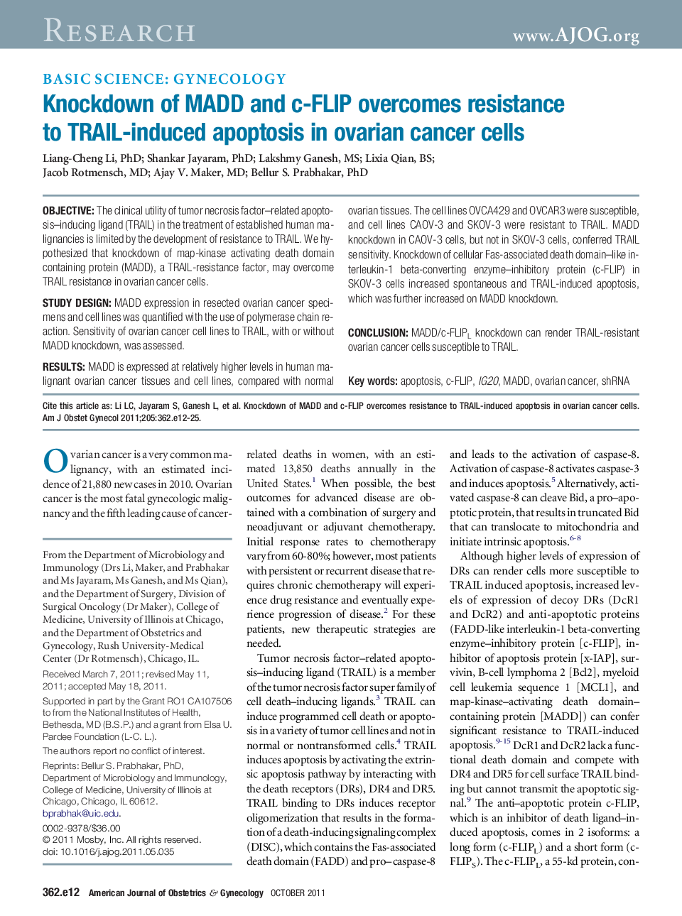 Knockdown of MADD and c-FLIP overcomes resistance to TRAIL-induced apoptosis in ovarian cancer cells