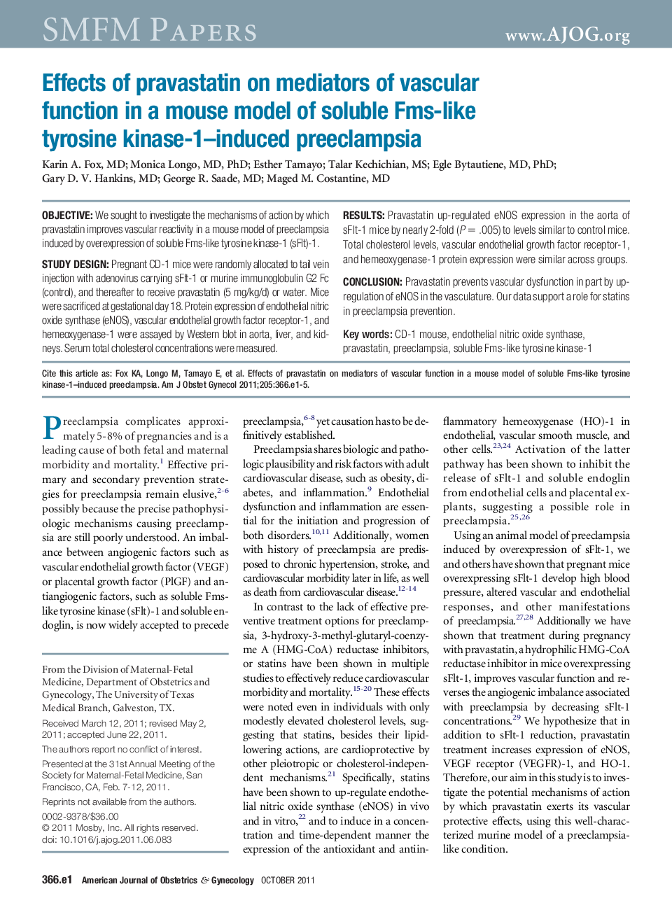 Effects of pravastatin on mediators of vascular function in a mouse model of soluble Fms-like tyrosine kinase-1-induced preeclampsia