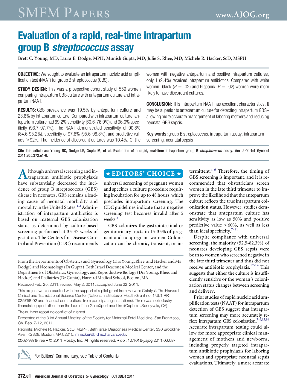 Evaluation of a rapid, real-time intrapartum group B streptococcus assay