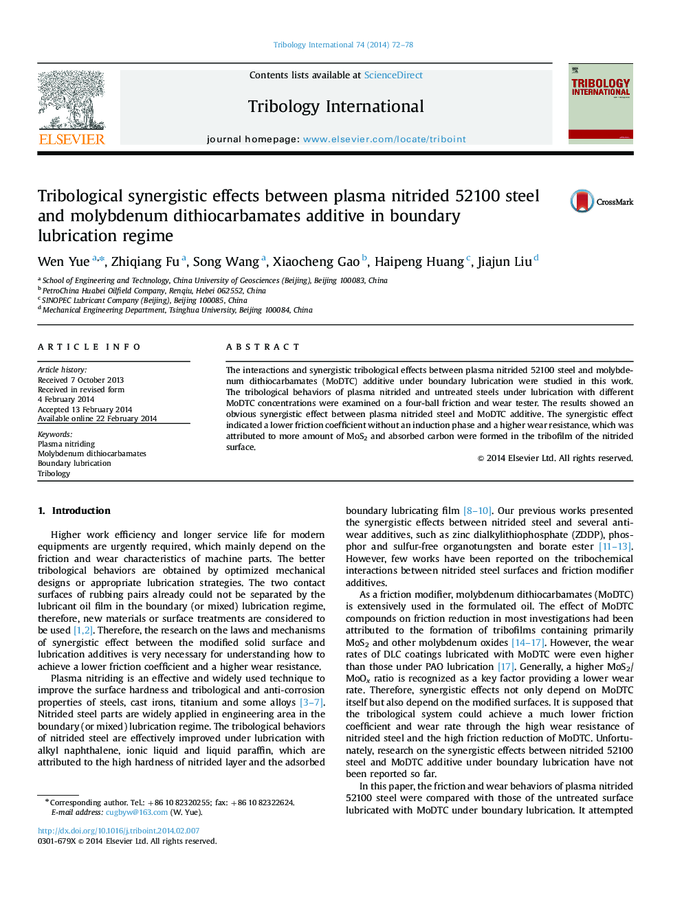 Tribological synergistic effects between plasma nitrided 52100 steel and molybdenum dithiocarbamates additive in boundary lubrication regime