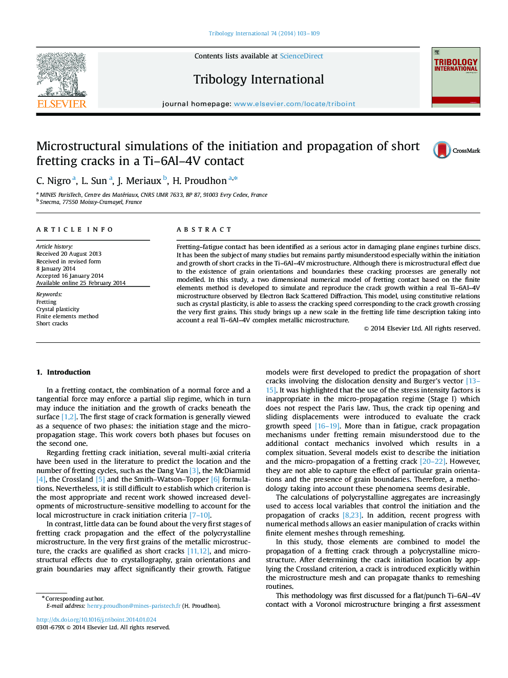 Microstructural simulations of the initiation and propagation of short fretting cracks in a Ti–6Al–4V contact