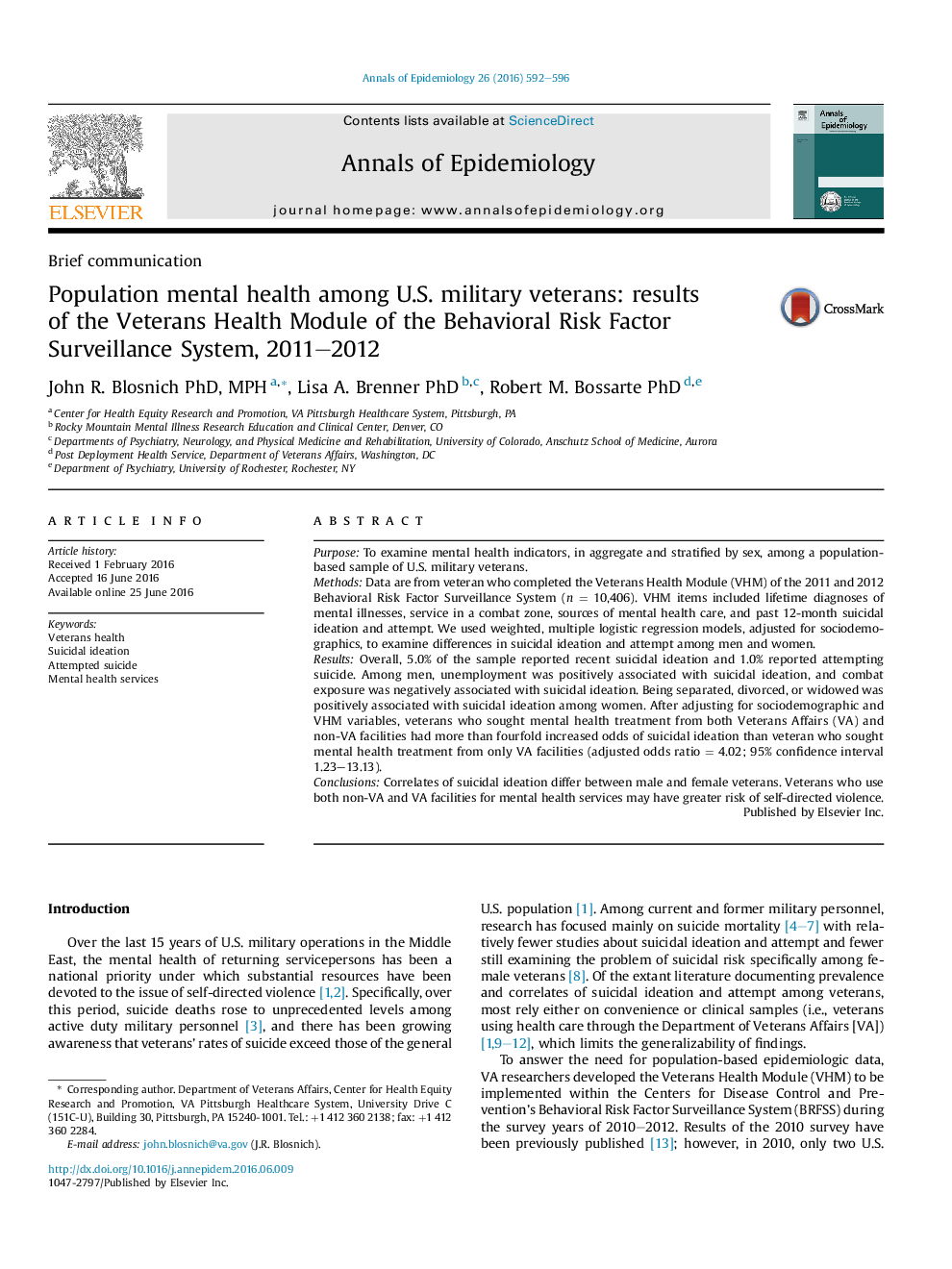 Population mental health among U.S. military veterans: results of the Veterans Health Module of the Behavioral Risk Factor Surveillance System, 2011-2012