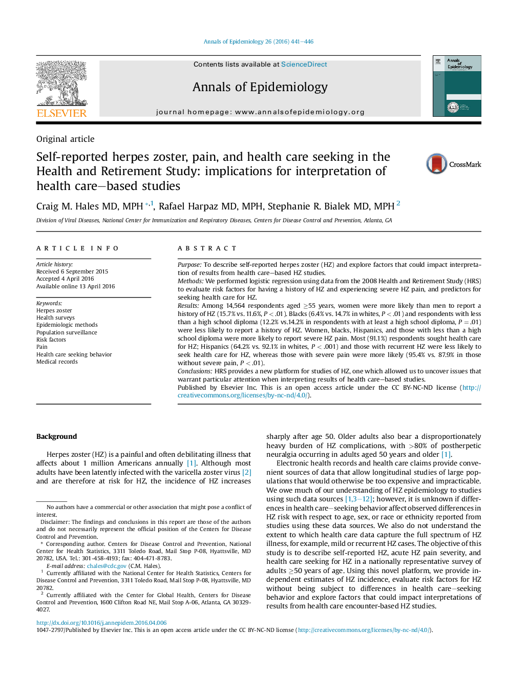 Self-reported herpes zoster, pain, and health care seeking in the Health and Retirement Study: implications for interpretation of health care-based studies