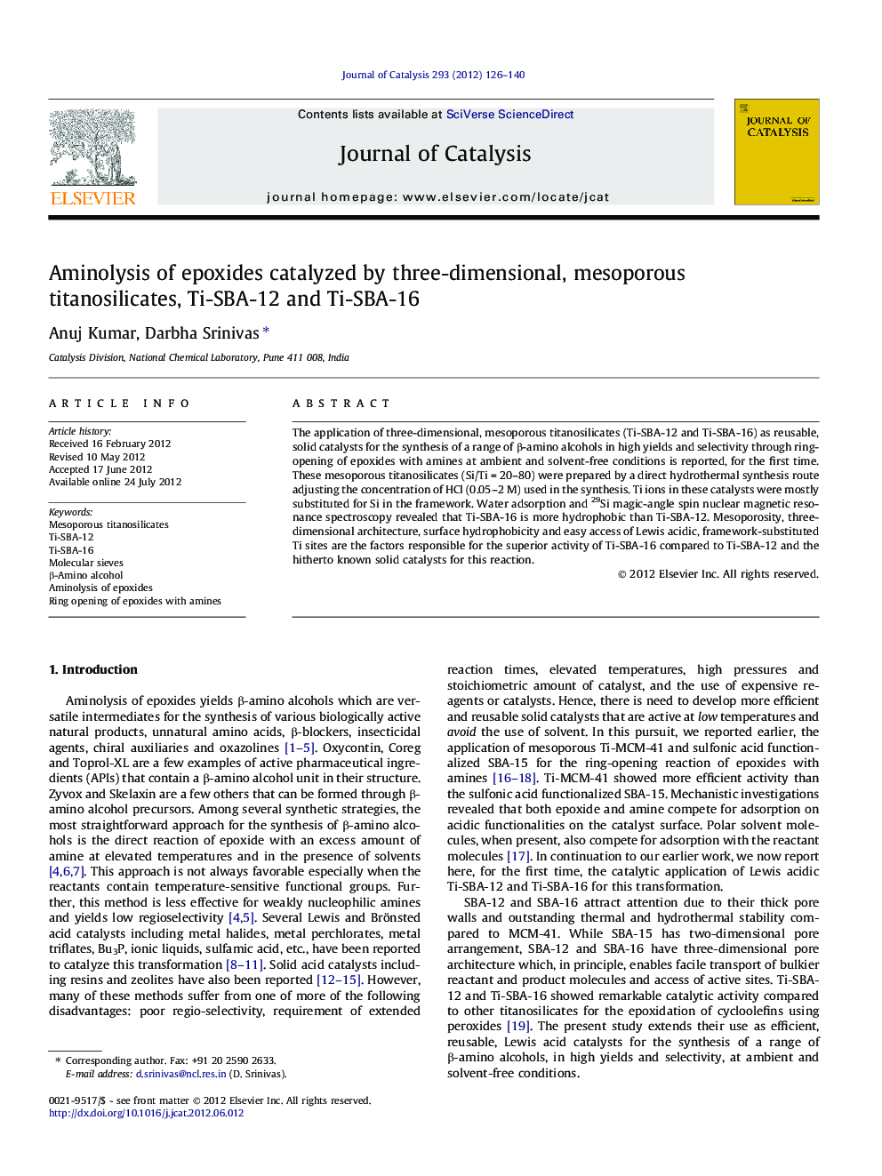 Aminolysis of epoxides catalyzed by three-dimensional, mesoporous titanosilicates, Ti-SBA-12 and Ti-SBA-16