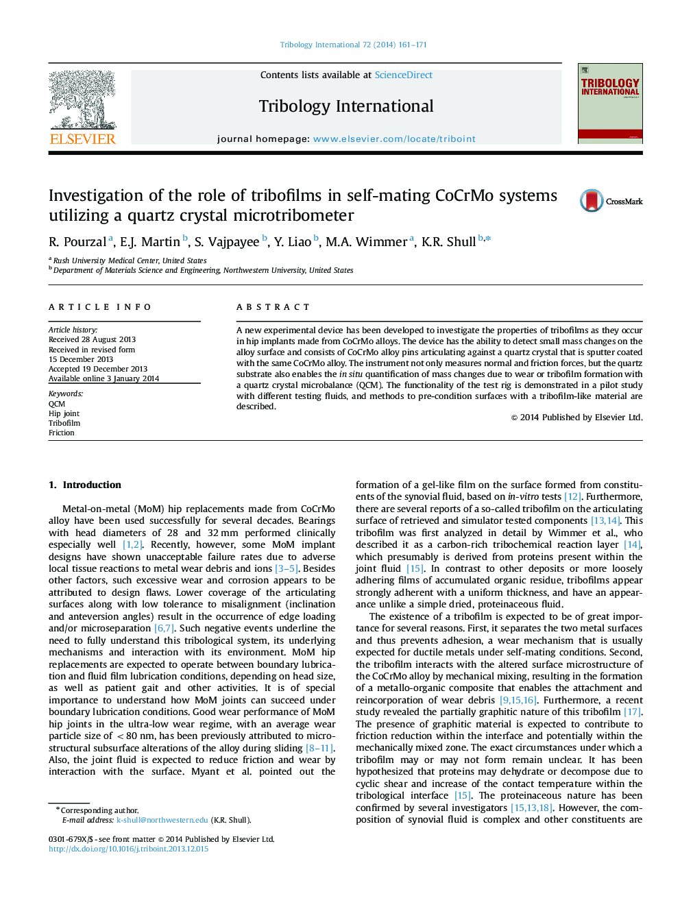 Investigation of the role of tribofilms in self-mating CoCrMo systems utilizing a quartz crystal microtribometer