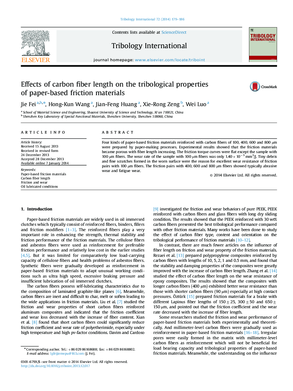 Effects of carbon fiber length on the tribological properties of paper-based friction materials