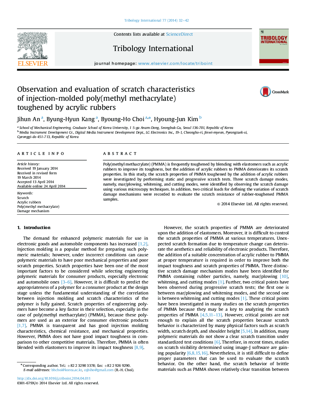 Observation and evaluation of scratch characteristics of injection-molded poly(methyl methacrylate) toughened by acrylic rubbers