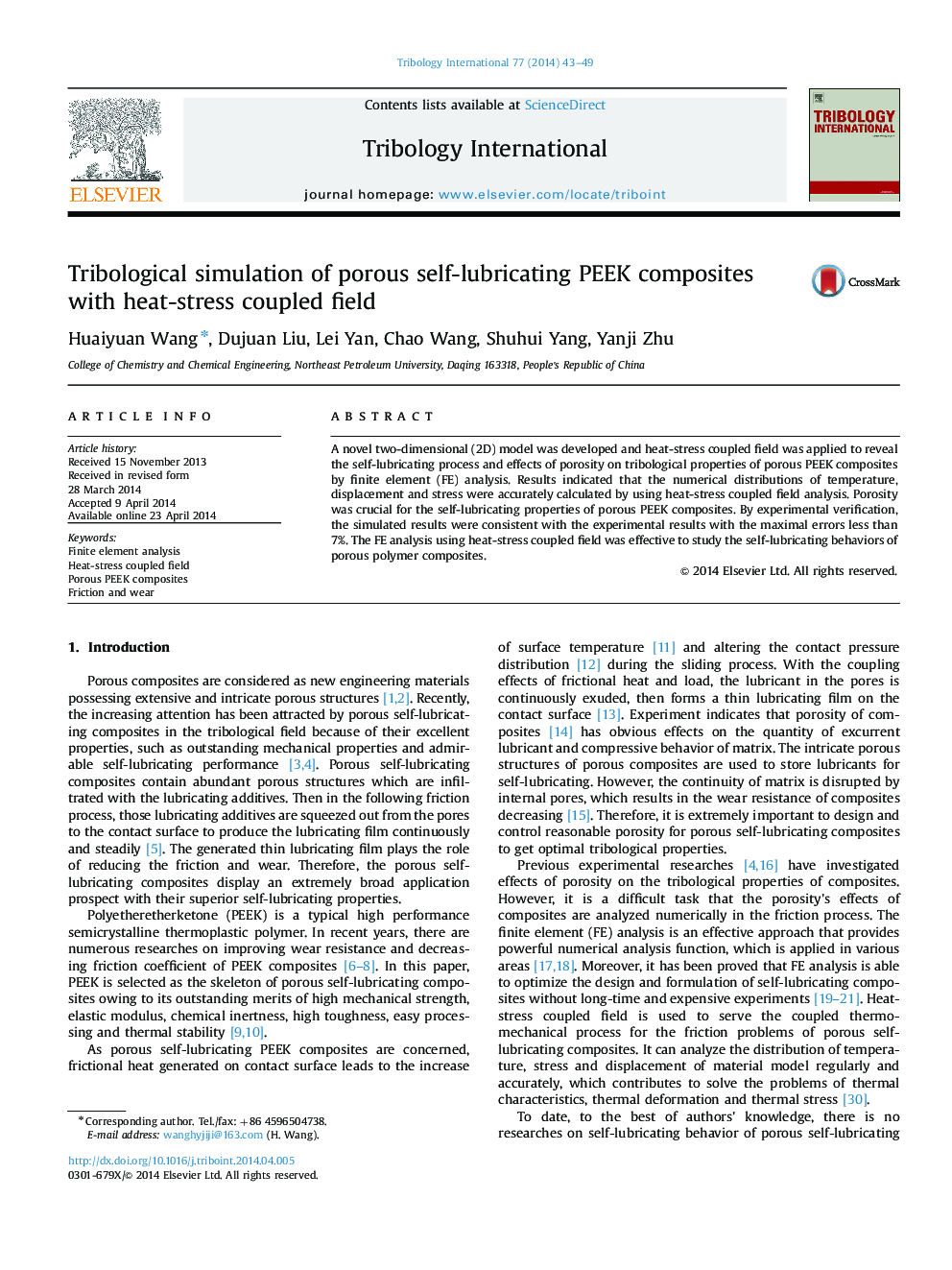 Tribological simulation of porous self-lubricating PEEK composites with heat-stress coupled field