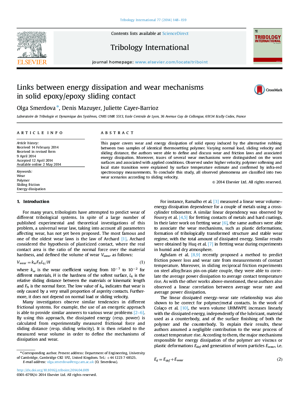 Links between energy dissipation and wear mechanisms in solid epoxy/epoxy sliding contact